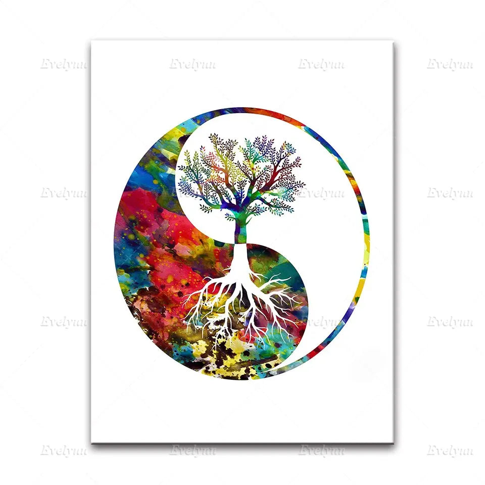 Spiritual Yoga Meditation Wall Art  Watercolor Ganesha Shiva Kali Yin Yang Tree  Home Decor Poster
