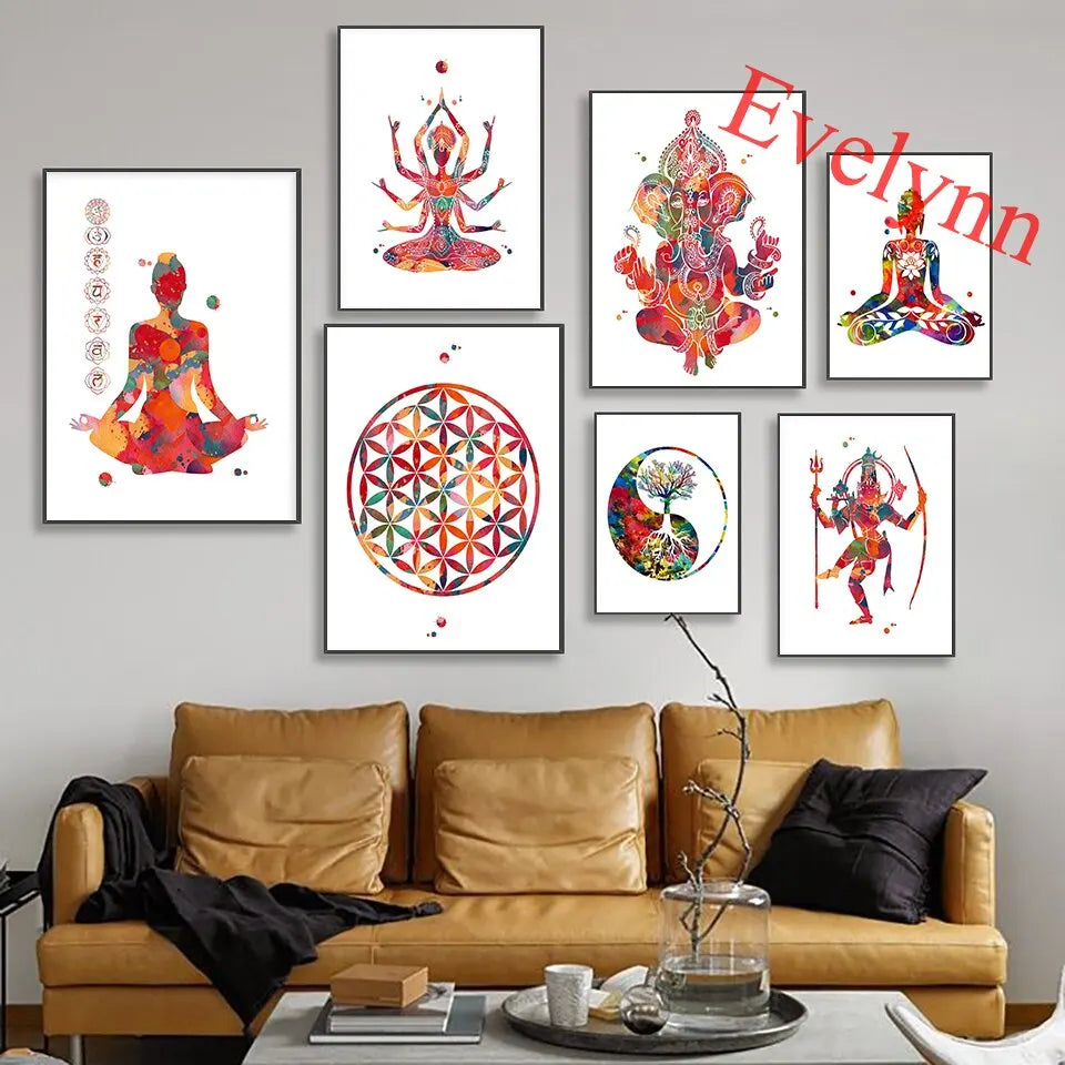 Spiritual Yoga Meditation Wall Art  Watercolor Ganesha Shiva Kali Yin Yang Tree  Home Decor Poster